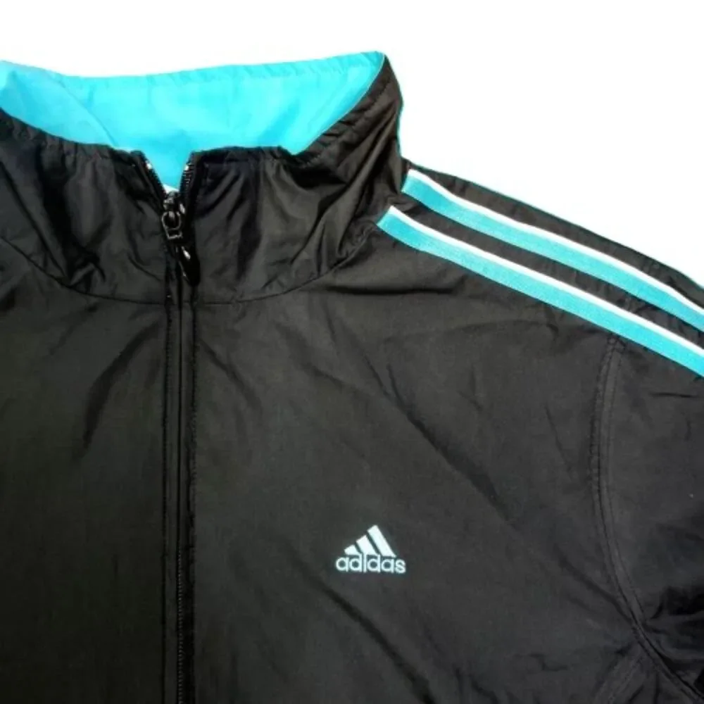 Vintage 2002 Adidas Track Jacket Black Turquoise Stripes Full Zip L Y2K Men’s